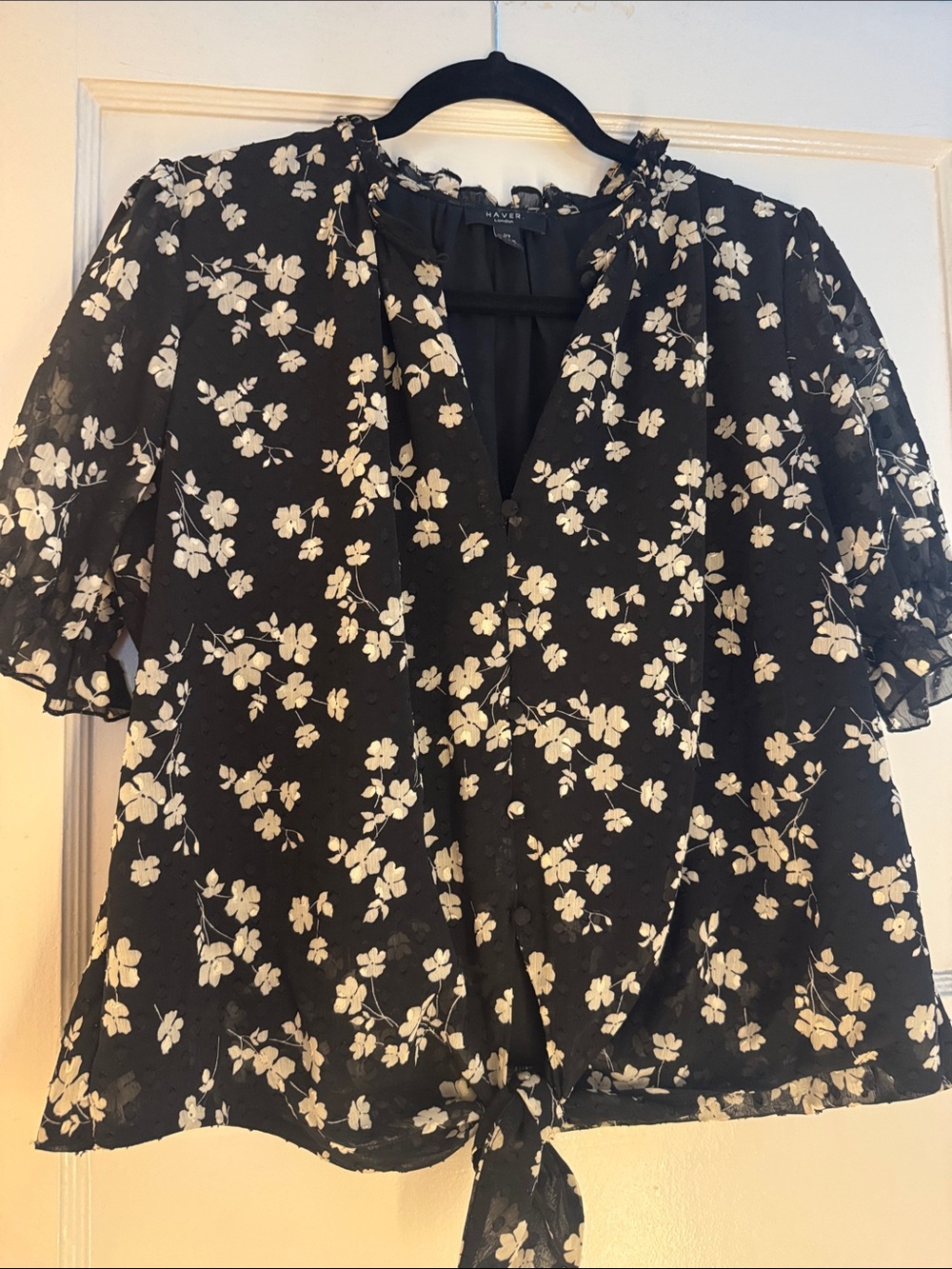 Haver Black and White Floral Tie-Front V-Neck Blouse